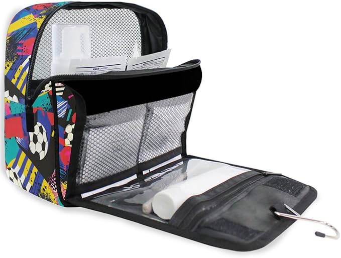 senya Hanging Travel Toiletry Bag Kit Boys Makeup Case Cosmetics Organizer for Men Women (Inspired Soccer Bright Colors)