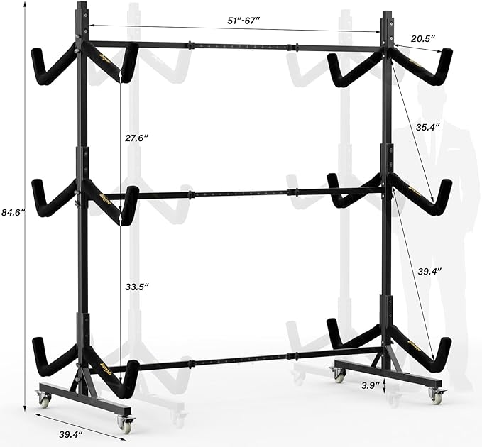 Bonnlo Kayak Stand Freestanding Storage Rack for Kayak Canoe Boat Paddle Board SUP Surfboard for Indoor Outdoor Garage, Shed, Dock with Lockable Wheels Wide Adjustable