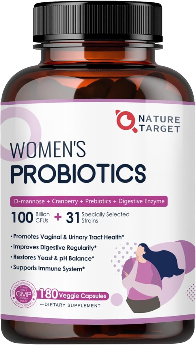 Probiotics for Women Digestive Health, 100 Billion CFUs Probiotic with Digestive Enzymes & Prebiotics, Vaginal Probiotics with Cranberry for Urinary Tract Health, pH Balance, 180 Veggie Capsules