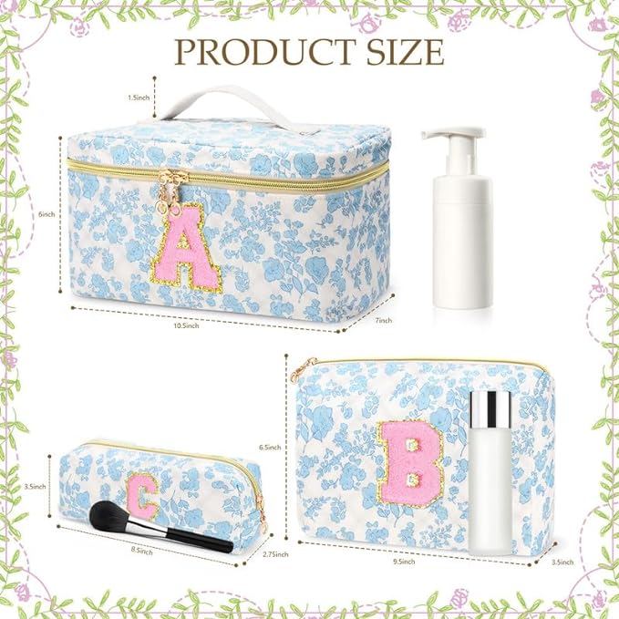 3 PCS Travel Makeup Bag Set, A-Z Initials Cotton Make up Bag Floral Quilted Cosmetic Bag for Girls and Women, Personalized Cute Toiletry Bag Travel Accessories Brushes Bag Blue - R