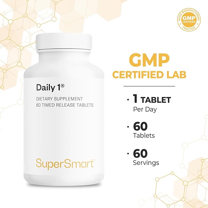 Supersmart - Daily 1® Timed Release - Multivitamin Supplement for Women & Men - with BioPQQ®, Vitamin A, B, C, D & E, Biotin, Quercetin & Fisetin | Made in USA | Non-GMO & Gluten Free - 60 Tablets