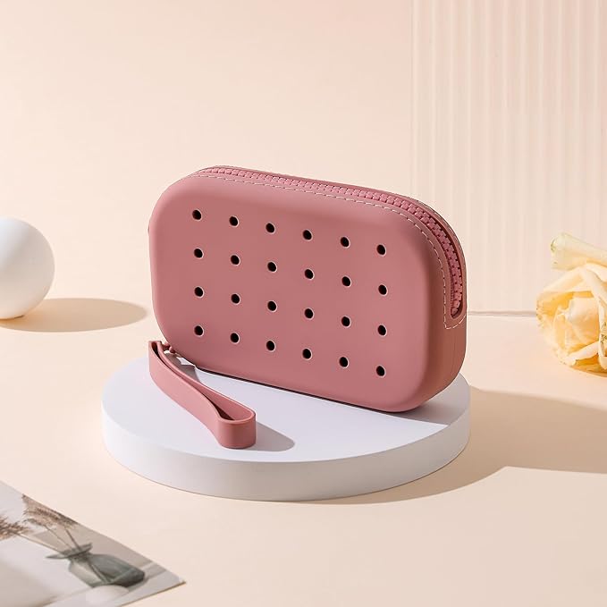 Portable Silicone Makeup Bag for Women, Small Travel Toiletry Cosmetic Bag with Decorative Holes, Zipper Closure Organizer Makeup Case with Handle (Red)