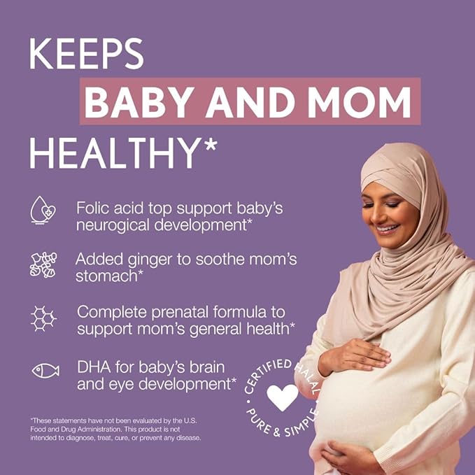 Noor Vitamins Halal Prenatal Vitamins with DHA and Folic Acid, Essential Vitamins, Ginger to Soothe Mom's Stomach, Iron, Softgels, Prenatal Vitamin Before/During/Post Pregnancy (3 Months Supply)