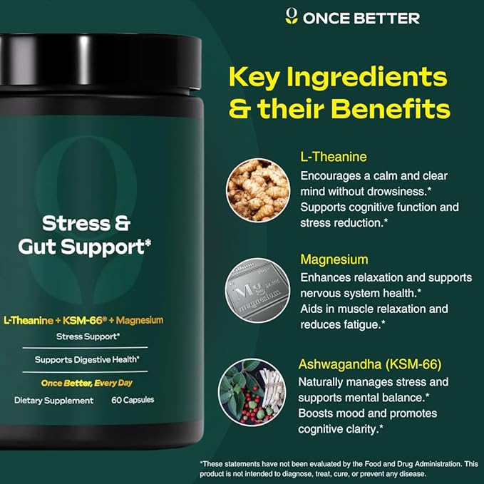 Once Better™️ Stress & Gut Support Supplement – Ashwagandha KSM-66®, L-Theanine, Magnesium Glycinate, Probiotics & Inulin for Digestive Health & Stress Relief – 60 Capsules - Men & Women
