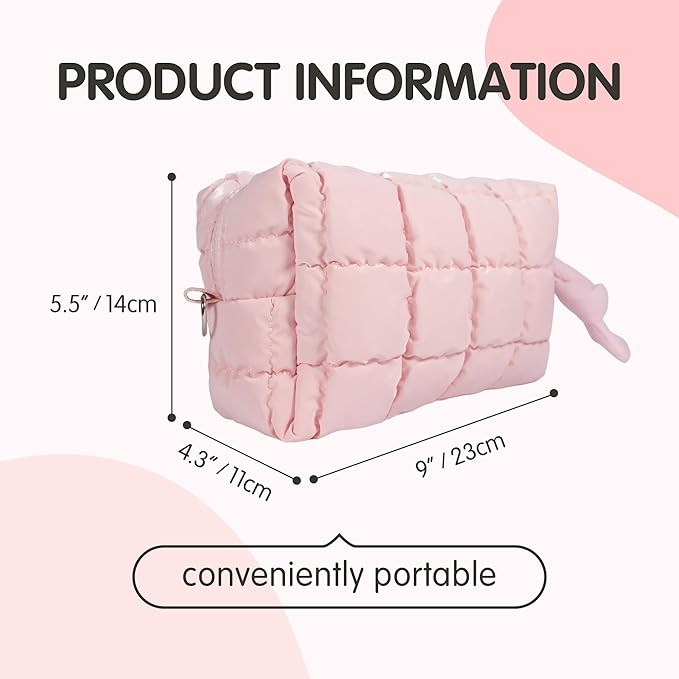 Quilted Makeup Bag Puffy Cosmetic Bag, Travel Toiletry Bag for Women, Cute Makeup Organizer Bag for Gifts Hot Pink Puffer Makeup Pouch