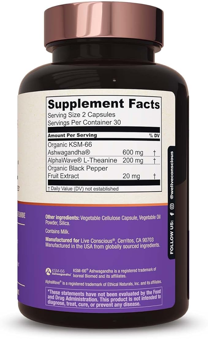 Live Conscious KSM-66 Ashwagandha Supplement w/L Theanine & AlphaWave - ZenWell Everyday Stress Relief, Mood Support, Cognitive, Brain Health - Ashwagandha for Men & Women - 60 Capsules (2-Pack)