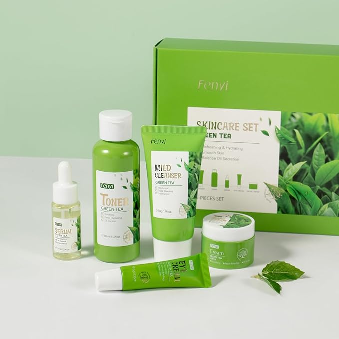 Green Tea Skincare Set, 5 Pcs Skincare Gift Set with Cleanser, Face Serum, Face Cream, Eye Cream, Toner , Skincare Kits For Teen Girls, Hydrating Facial Kit For Women