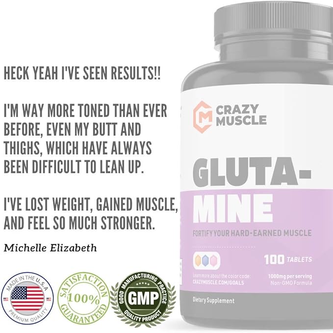 Crazy Muscle Keto Friendly L Glutamine Capsules 1000mg, Post Workout Supplement to Increase Recovery, Decrease Delayed Onset Muscle Soreness, Reinforce Strength Gains & Heal Leaky Gut (100 Pills)