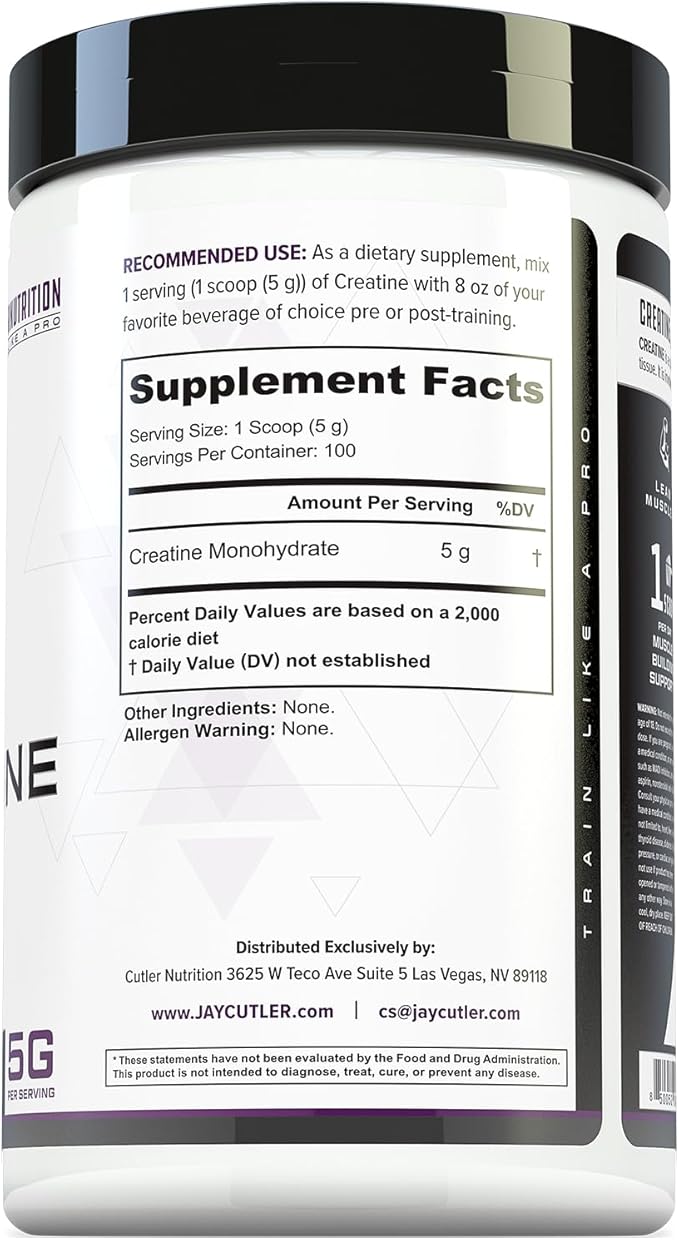 Cutler Nutrition Pure Creatine Monohydrate - 5g Per Serving - Premium Muscle Builder Enhances Strength Performance & Recovery - Unflavored for Easy Mixing (100 Servings)