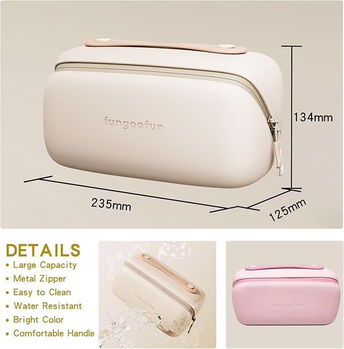 Travel Makeup Bag, Large Capacity Waterproof Cosmetic Bag for Women, Portable Pouch Open Flat Toiletry Bag Make up Organizer with Divider and Handle, Beige