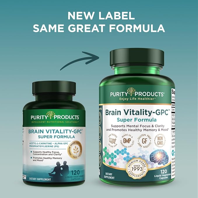 Purity Products Brain Vitality-GPC Super Formula Acetyl L-Carnitine HCI + Alpha GPC + Phosphatidlyserine - Supports Normal Concentration and Mental Clarity - 120 Caps