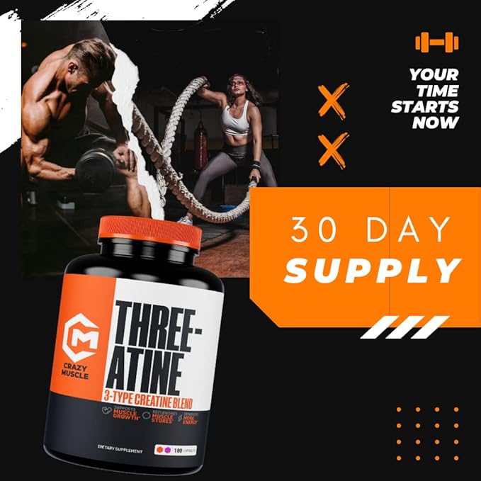 Creatine Capsules - 5g Premium 3X ThreeAtine Pre Workout Bulk Muscle Mass Gainer - High Absorption Easy-to-Take Creatine Monohydrate Pills Alternative Optimum Performance for Men Women - 180 Capsules