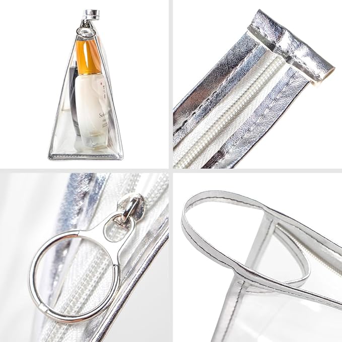 fashion portable cosmetic bag,Visible large capacity TPU storage bag, for Business Travel bath, Unisex (transparent 3pcs set) (silver rim transparent triangular zippered cosmetic bag)