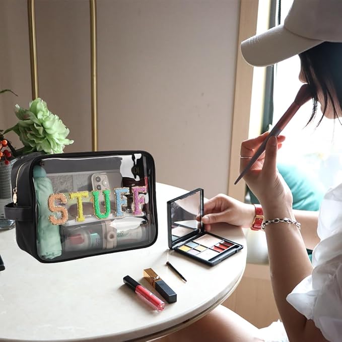 Clear Extra Large Glitter Patches STUFF Bag Preppy Transparent TPU and Nylon Makeup Bag Women (X-Large, Black-Stuff)