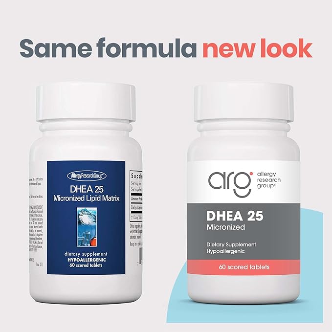 Allergy Research Group DHEA 25mg Supplement - Hormone Support for Men & Women, Micronized Lipid Matrix, Hypoallergenic, Soy-Free, Scored Tablets - 60 Count