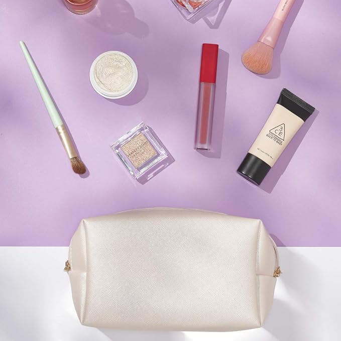 PU Leather Cosmetic Bag for Women Minimalism Makeup Bag for Daily Use Portable Storage Purse Small Neat Cosmetic Pouch Water-resistant Toiletry Bag for Travel (Silver)