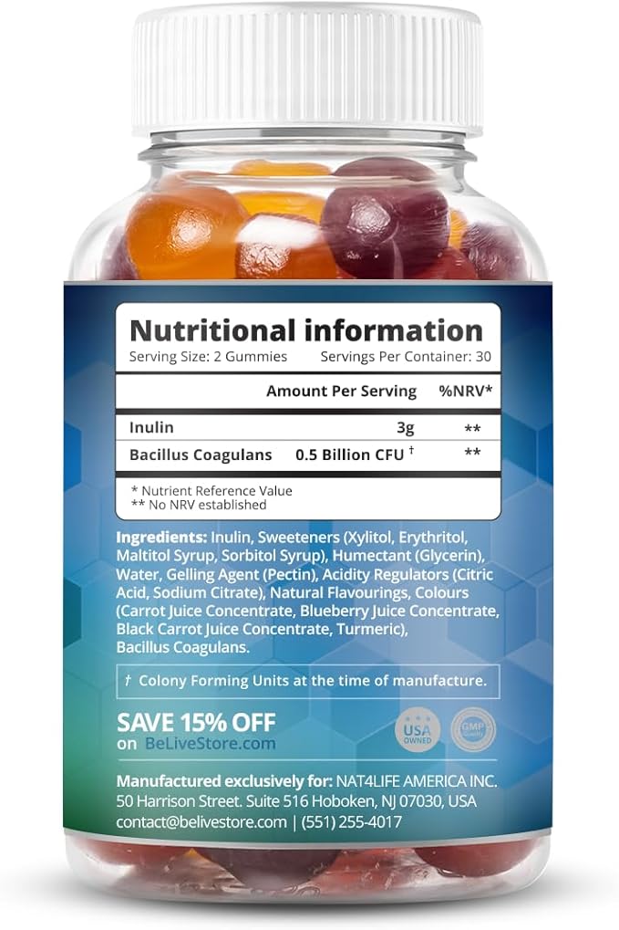 BeLive Synbiotics - Probiotic & Prebiotic Fiber Gummies – High Strength Inulin (3g), Dietary Fiber Supplement, Digestive Support for Kids & Adults - Strawberry, Lemon, Blueberry Flavor (60Ct)