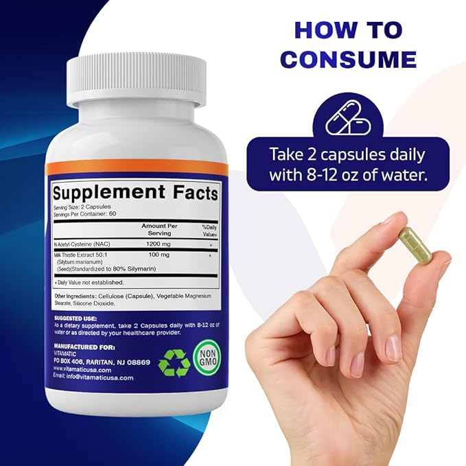 Vitamatic NAC Supplement N-Acetyl-L-Cysteine (NAC) with Milk Thistle 50:1 Extract - Supports Immune, Respiratory, Liver Health, 1200 mg per Serving, 120 Veg Capsules