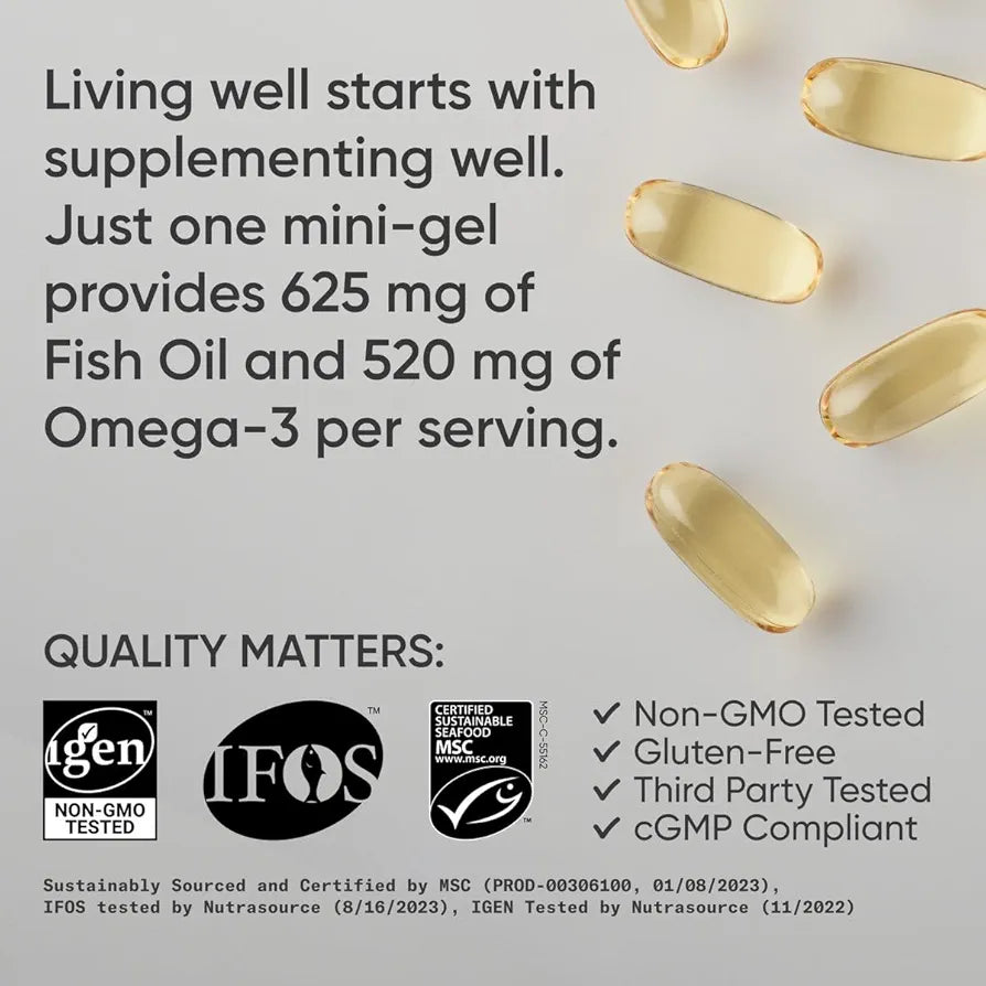 Sports Research Fish Oil Mini-Softgels - Easy to Swallow Omega-3 Fatty Acids from Wild Caught Alaska Pollock Supporting Brain & Heart Health - 625 mg, 120 ct