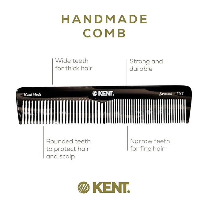 Kent 16T Graphite Fine Tooth and Wide Tooth Comb for Daily Grooming, Handmade Styling Comb for All Hair Types, Styling and Detangling Combs for Men and Women