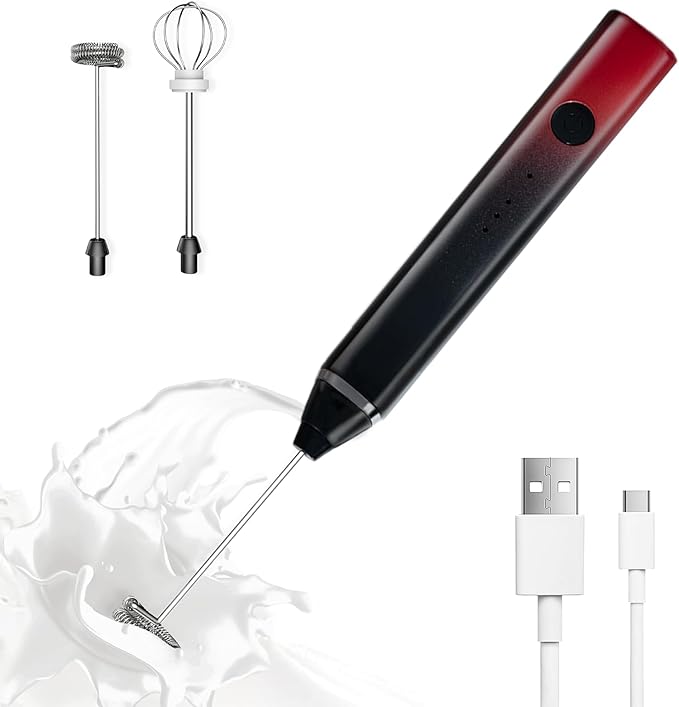 Milk Frother Rechargeable Handheld Electric Whisk Coffee Frother Mixer with 3 Stainless whisks 3 Speed Adjustable Foam Maker Blender for Coffee Matcha Latte Cappuccino Hot Chocolate(Black Red)