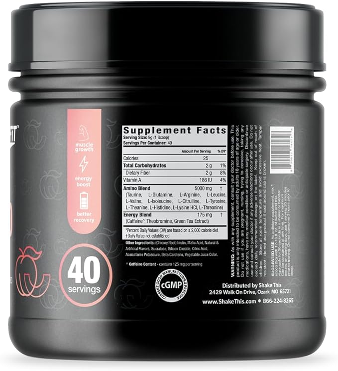 Amino+ Powder - Pre and Post Workout with Caffeine + Green Tea Extract - BCAA, Amino Acids, Zero Sugar, Low Calorie, Superior Taste, 40 Servings (Peach Mango)