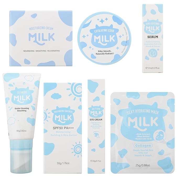 Skin Care Routine Set For Women, Anti Aging Milk Skin Care Gift Set For Acne, Wrinkles, Face Care Kit With Cleanser, Serum, Exfoliating Scrub, Cream, Eye Cream, Facial Mask, Deep Moisturizing