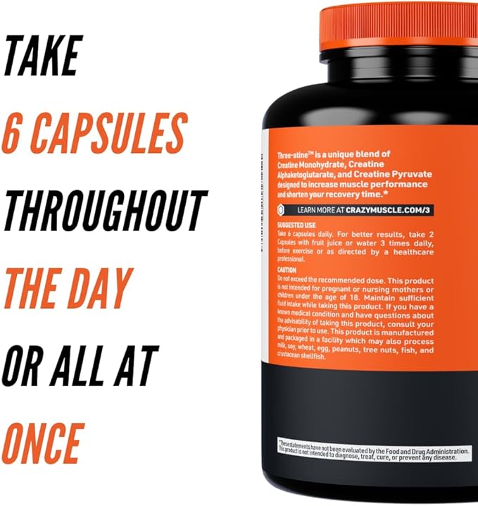Creatine Capsules - 5g Premium 3X ThreeAtine Pre Workout Bulk Muscle Mass Gainer - High Absorption Easy-to-Take Creatine Monohydrate Pills Alternative Optimum Performance for Men Women - 180 Capsules