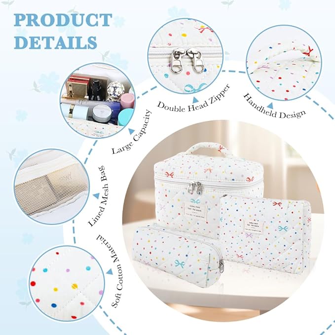 3Pcs Cotton Quilted Makeup Bag Set,Large Floral Cosmetic Bag,Aesthetic Toiletry Travel Makeup Bag Set and Cute Flower Bag for Women Girls (Apricot Colored Dot)