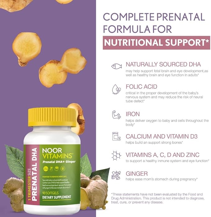 Noor Vitamins Halal Prenatal Vitamins with DHA and Folic Acid, Essential Vitamins, Ginger to Soothe Mom's Stomach, Iron, Softgels, Prenatal Vitamin Before/During/Post Pregnancy (3 Months Supply)