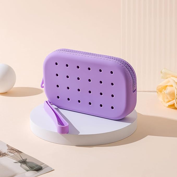 Portable Silicone Makeup Bag for Women, Small Travel Toiletry Cosmetic Bag with Decorative Holes, Zipper Closure Organizer Makeup Case with Handle (Purple)