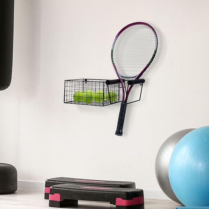 MyGift Hanging Metal Tennis Racquet and Tennis Ball Storage Basket Rack, Wall Mounted Racket Holder