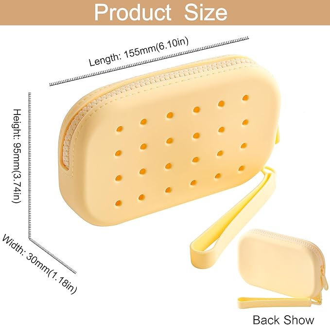 Portable Silicone Makeup Bag for Women, Small Travel Toiletry Cosmetic Bag with Decorative Holes, Zipper Closure Organizer Makeup Case with Handle (Yellow)