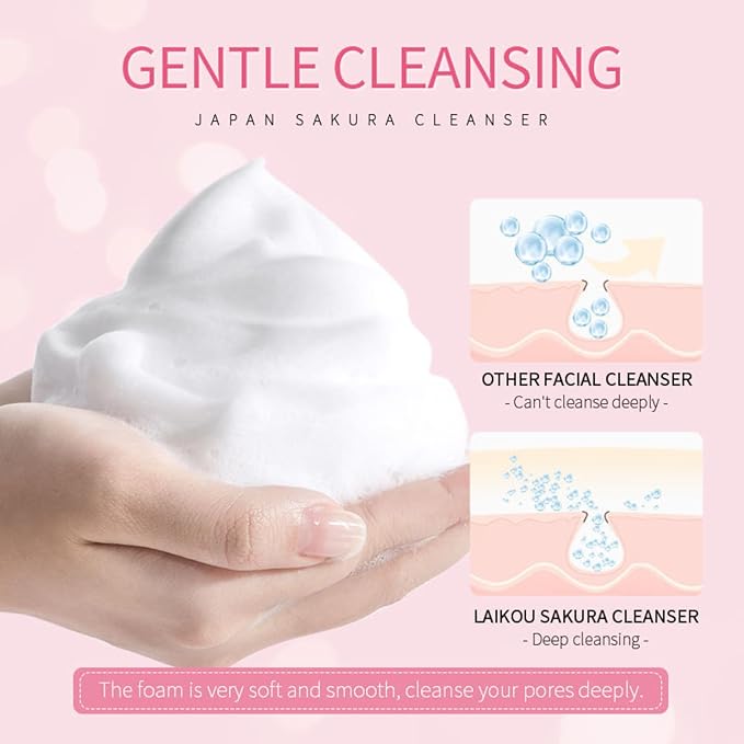 Skincare Set Sakura Teen Girls Gifts - Skin Care Set - 5PCS Skin Care Kit - Skincare for Teens 10-12 - Hydrating Skin Care Sets & Kits - Makeup Remover,Bunny Headband,Cleansing Brush,Cleanser,Cream