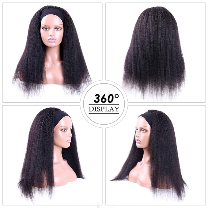 Headband Wigs Human Hair 180% Density 12A Kinky Straight Human Hair Headband Wigs For Black Women Yaki Straight Human Hair Wigs With Headband Attached Half Wig Natural Black Color 24 Inch