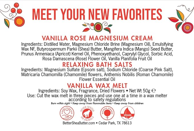 Natural Spa Gift Box, Self Care Kit for Women - Chamomile Bath Salts, Vanilla Rose Magnesium Cream, Non-Toxic Soy Wax Melts - Mother's Day Gift, Easter Basket for Women, Pregnancy Box