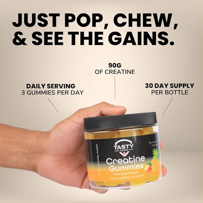 Creatine Infused Gummies, 90g of Creatine, Non-GMO, Vegan - Build Muscle & Boost Strength for Men & Women (1g Creatine Monohydrate Per Gummy) Made in USA (Large, Pineapple Mango)