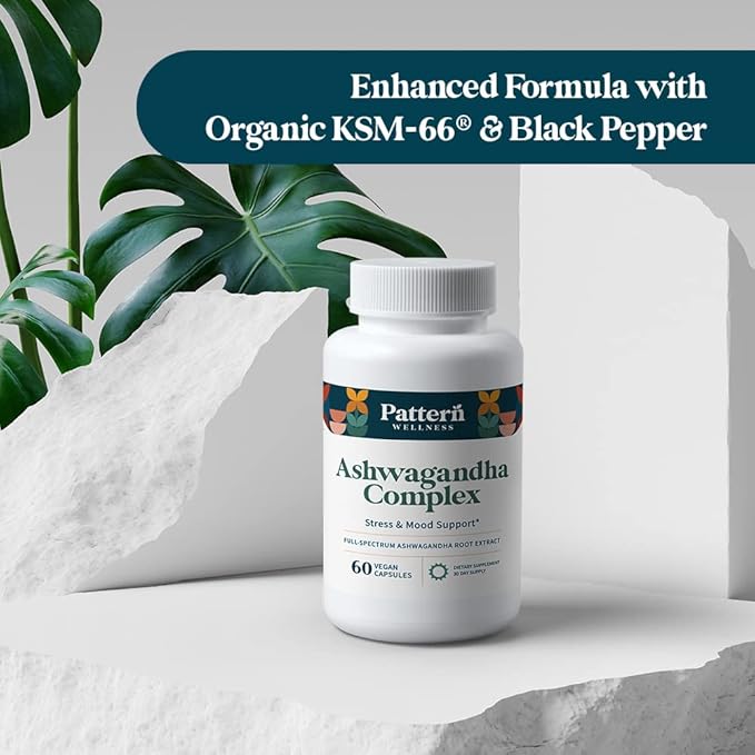 Pattern Wellness Ashwagandha Complex for Men & Women - KSM-66 & Black Pepper Extract - Whole Body & Heart Health - Supports Stress & Mood - Non-GMO - 60 Vegan Capsules