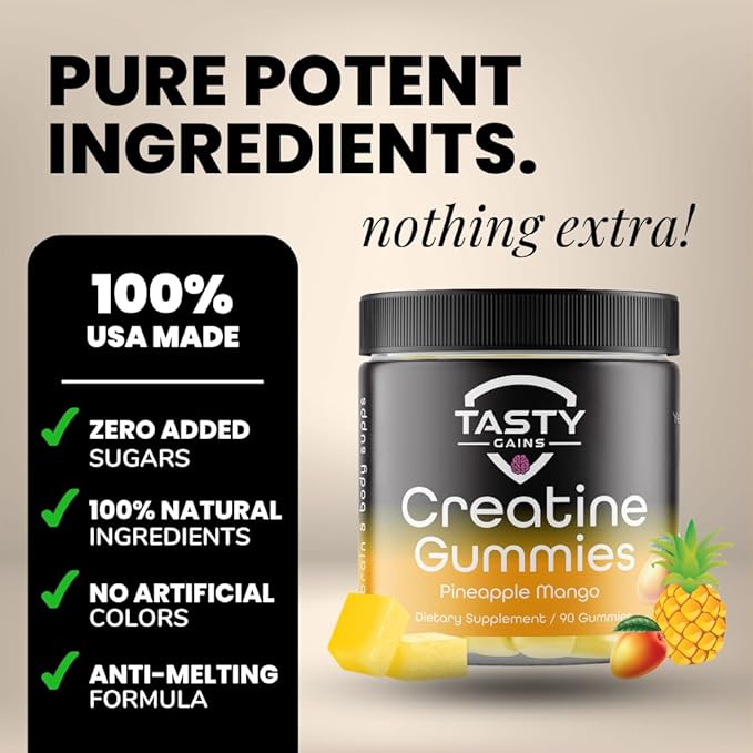 Creatine Infused Gummies, 90g of Creatine, Non-GMO, Vegan - Build Muscle & Boost Strength for Men & Women (1g Creatine Monohydrate Per Gummy) Made in USA (Large, Pineapple Mango)