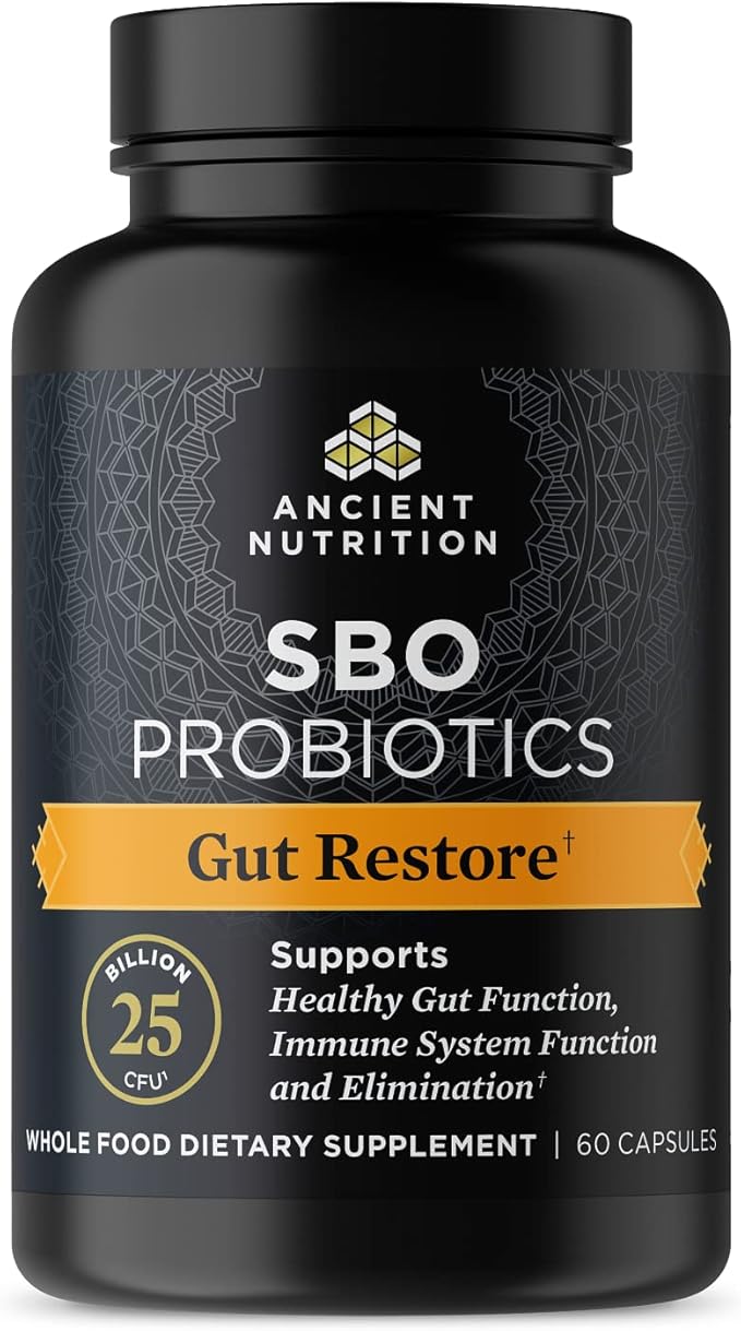 Probiotics by Ancient Nutrition, SBO Probiotics Gut Restore 60 Ct, Promotes Gut Health, Digestive and Immune Support, Gluten Free, Ancient Superfoods Blend, 25 Billion CFUs* Per Serving