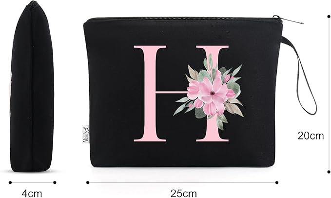 Vavabox A-Z Personalized Makeup Bag, Birthday Gifts for Women Mom, Gifts for Best Friend, Bride Bridesmaid Cosmetic bag (H, Black)