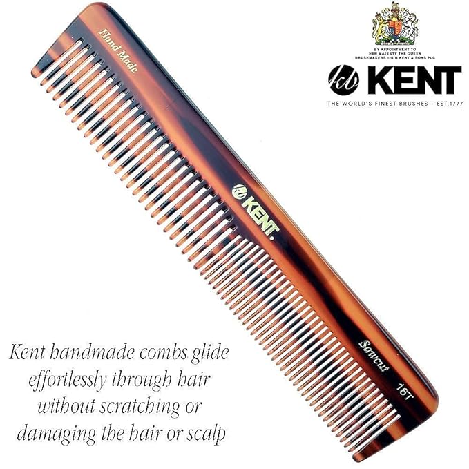 Kent 16T-16TG Fine Tooth and Wide Tooth Comb for Daily Grooming, Handmade Styling Comb for All Hair Types, Styling and Detangling Combs for Men and Women