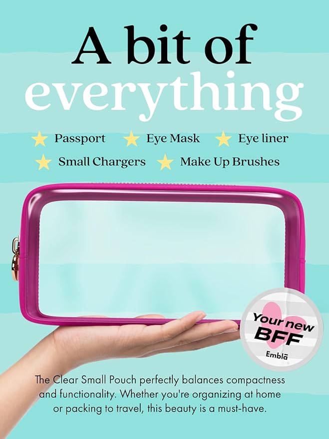Clear Makeup Bag Zipper Pouch, Transparent Cosmetic Case Organizer, TSA Approved Travel Toiletry Case, Travel Accessories Essentials Makeup Tote for Women, Small Cute Make up Bag for Purse - Fuchsia