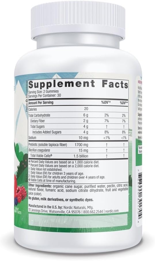 Nordic Naturals Kids Nordic Flora Probiotic Gummies, Merry Berry Punch - 60 Gummies - 1.5 Billion CFU & Prebiotic Fiber - Non-GMO, Vegan - 30 Servings