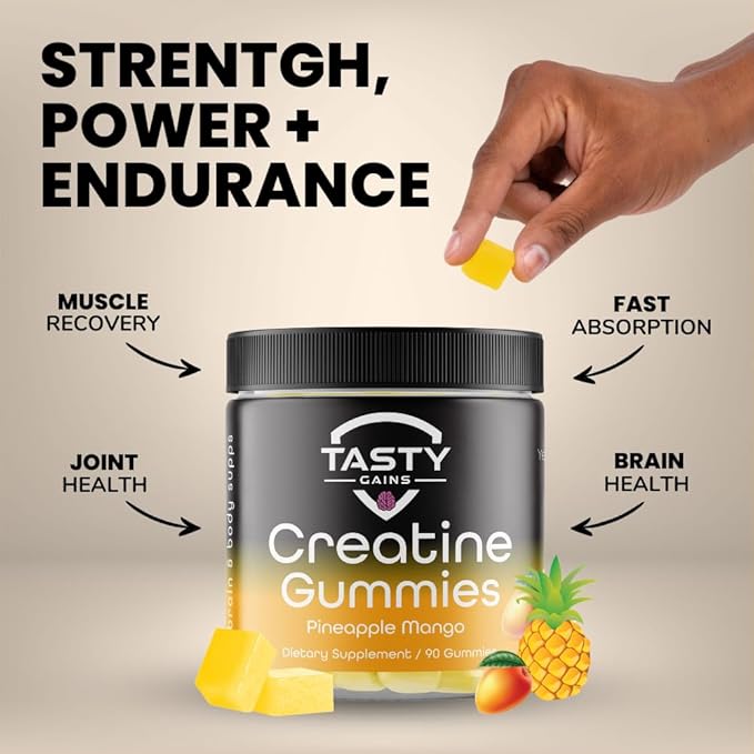 Creatine Infused Gummies, 90g of Creatine, Non-GMO, Vegan - Build Muscle & Boost Strength for Men & Women (1g Creatine Monohydrate Per Gummy) Made in USA (Large, Pineapple Mango)