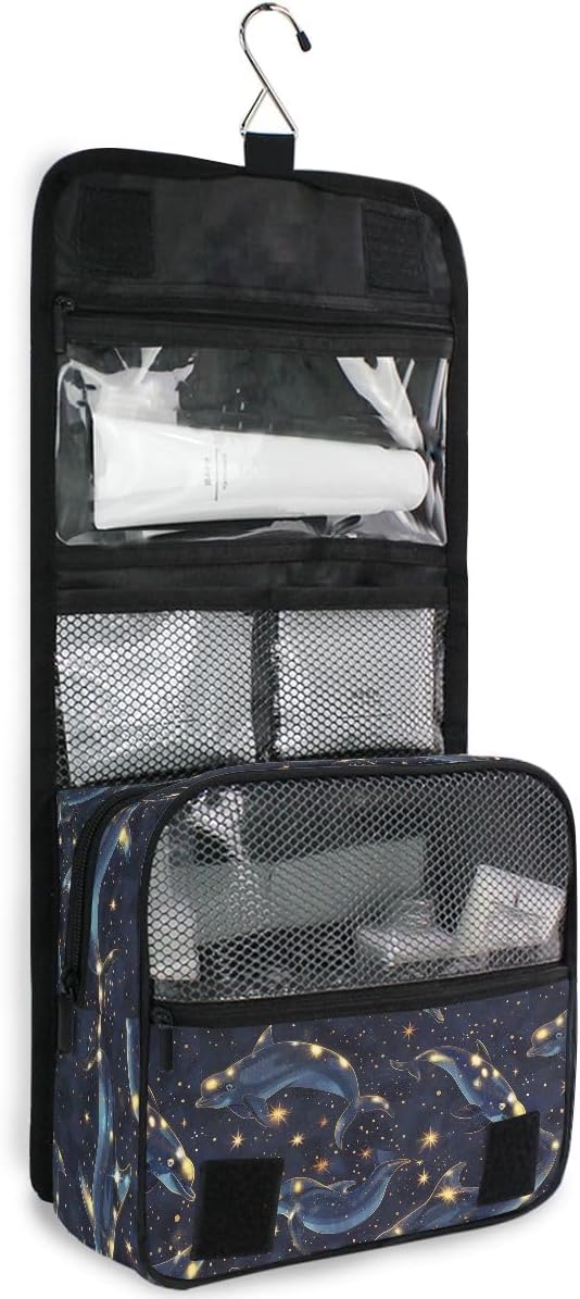 senya Hanging Travel Toiletry Bag Kit Boys Makeup Case Cosmetics Organizer for Men Women (Dolphin Starry Sky)