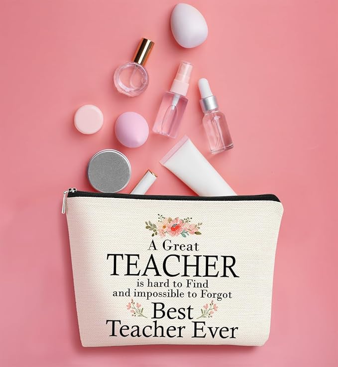 Teacher Appreciation Gifts for Women - Best Teacher Ever Cosmetic Bag - Small Travel Makeup Organizer