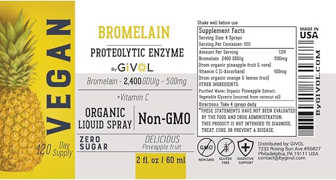 Organic Raw Bromelain Mist-Liquid Pineapple Extract - Enhanced Potency 500mg, for Kids & Adults - for Digestive Health, Inflammatory Response, and Healing - Non-GMO - 60ml 120 Day Supply