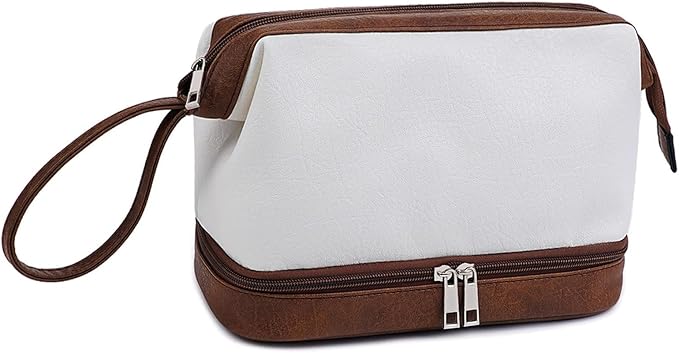 Stylish Makeup Bag Organizer Travel Case for Women Cosmetic Bag for Toiletries and Makeup Waterproof Leather Cosmetic Bag Perfect Fit Home or on the Go (C-White/Brown)