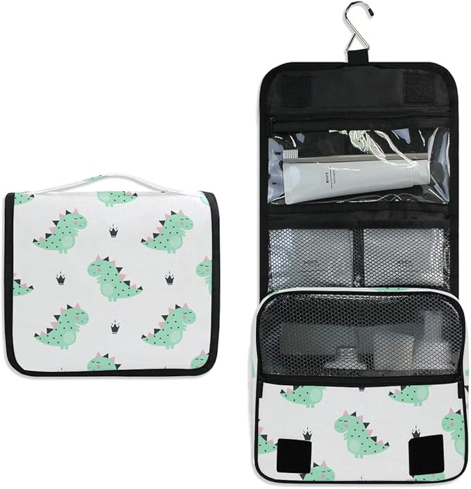 senya Hanging Travel Toiletry Bag Kit Boys Makeup Case Cosmetics Organizer for Men Women (Green Dinosaur)